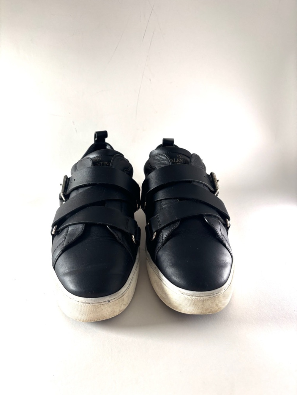 Valentino Garavani Black Leather Strap Sneakers with White Sole